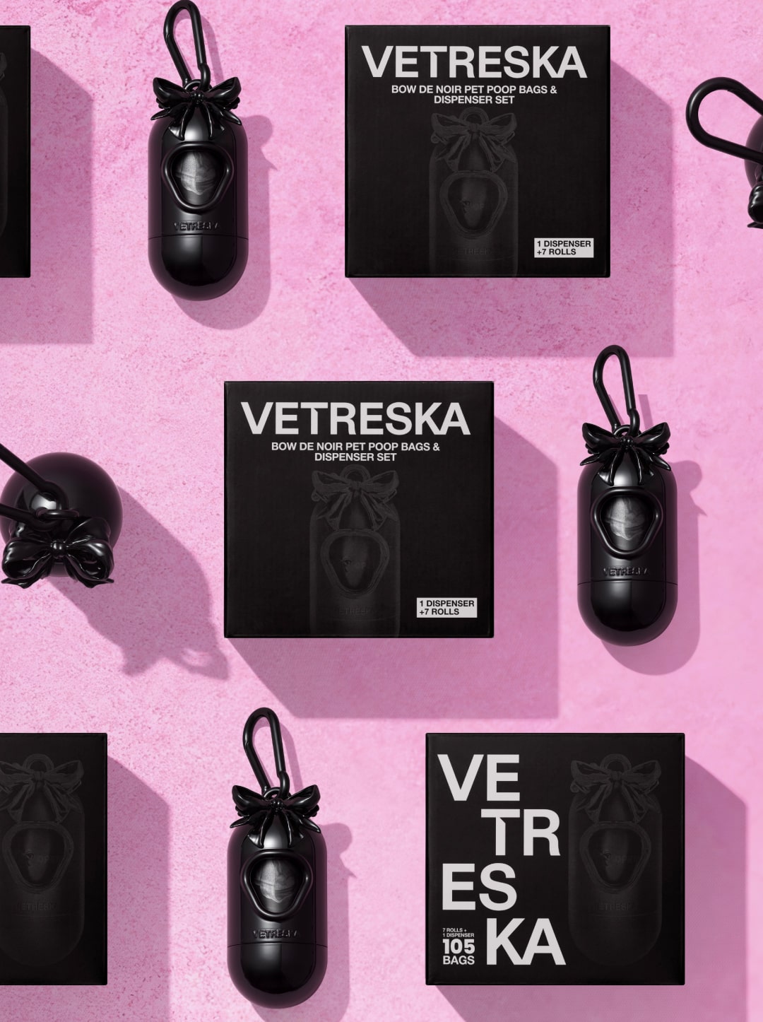 Bow De Noir Pet Poop Bags & Dispenser Set (1 Dispenser + 7 Rolls)