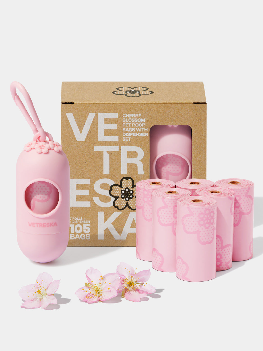 Y Cherry Blossom Pet Poop Bags & Dispenser (1 Dispenser+7 Rolls)