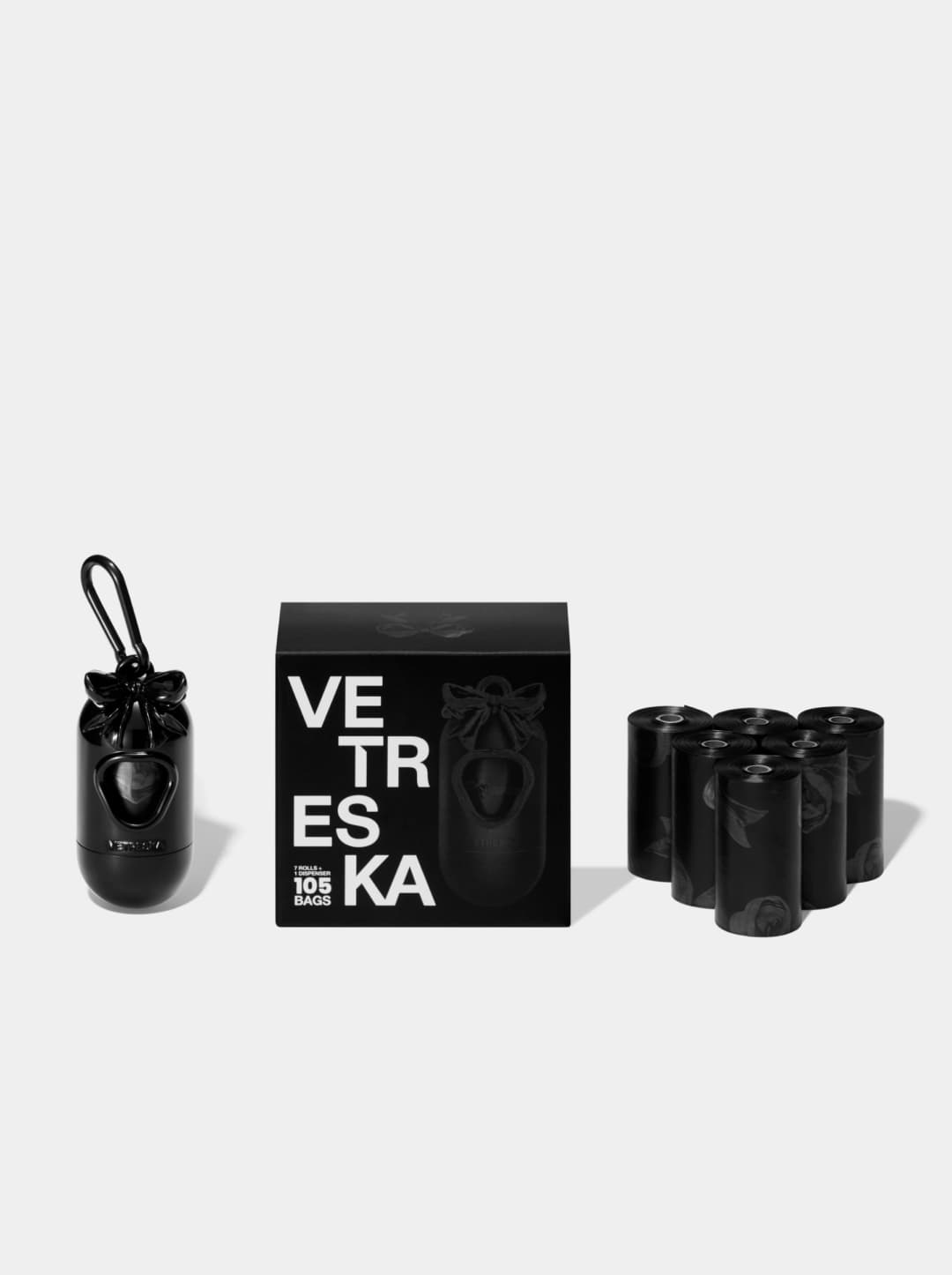 Bow De Noir Pet Poop Bags & Dispenser Set (1 Dispenser + 7 Rolls)