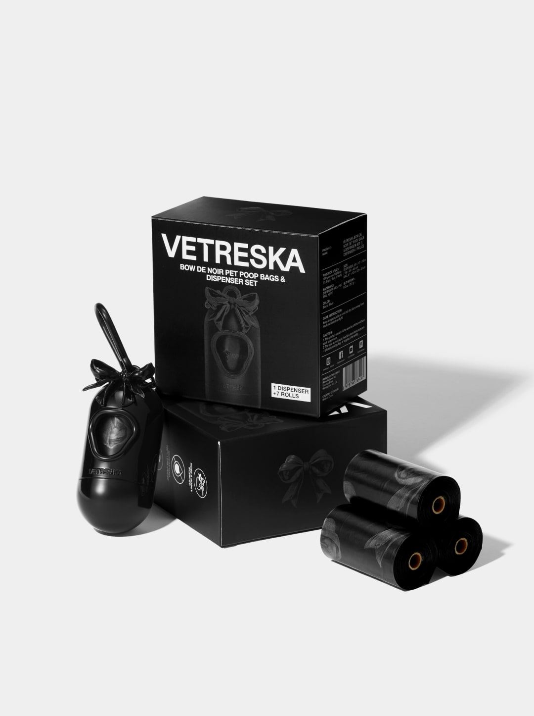 Bow De Noir Pet Poop Bags & Dispenser Set (1 Dispenser + 7 Rolls)