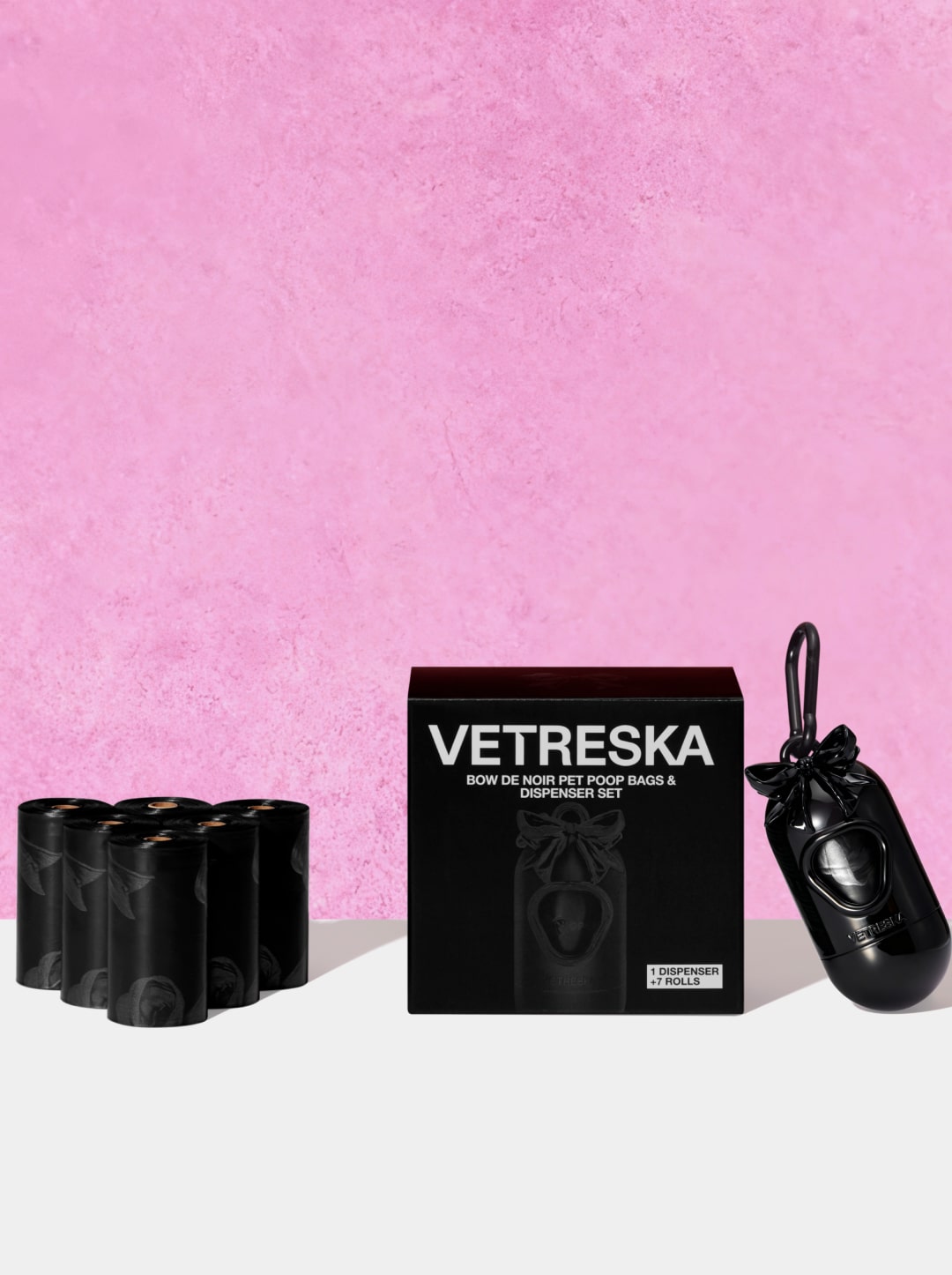 Bow De Noir Pet Poop Bags & Dispenser Set (1 Dispenser + 7 Rolls)