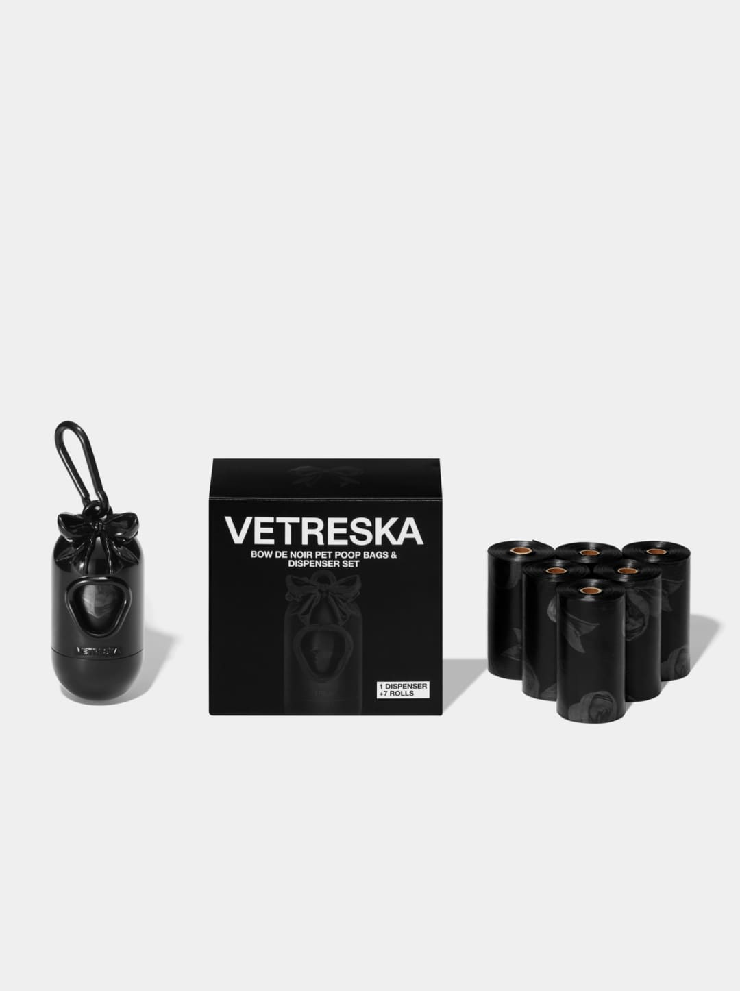 Bow De Noir Pet Poop Bags & Dispenser Set (1 Dispenser + 7 Rolls)